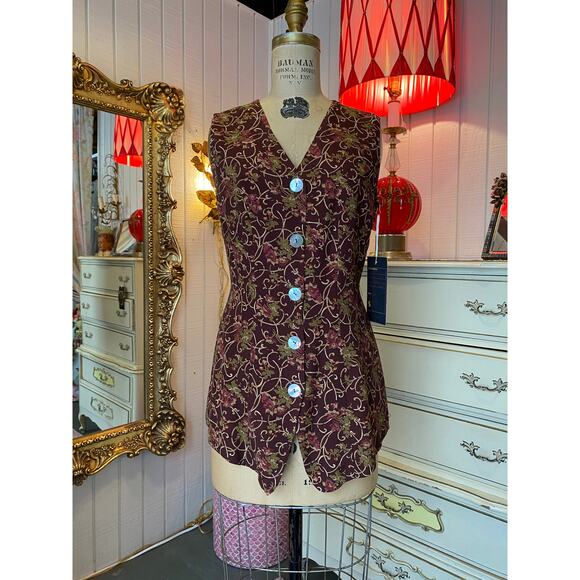 hi studio Tops - vintage 1990s burgundy vest floral scrolls s/m 90s fashion sleeveless tunic y2k